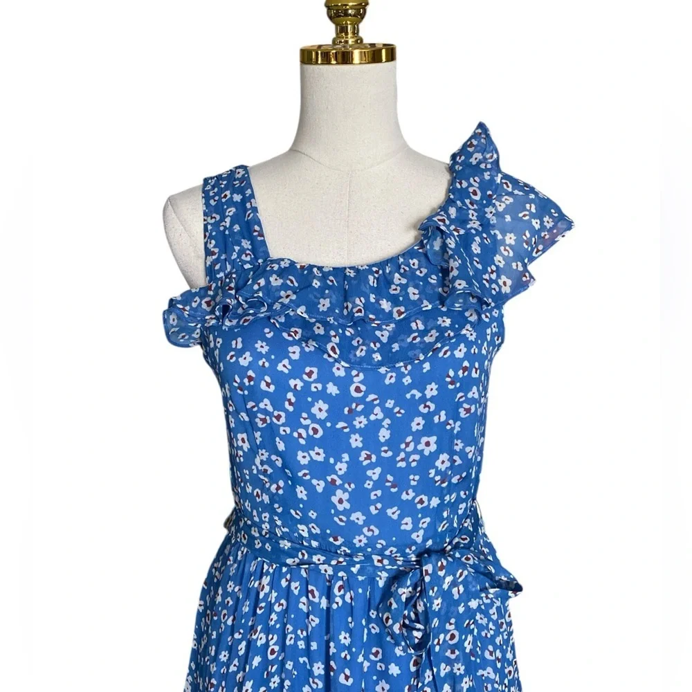 Amour Vert Women’s XS Blue Floral Ruffled Tiered Sleeveless Midi Silk Dress - Picture 7 of 10